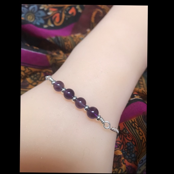 Amethyst Sterling Silver Bracelet- Beaded Bar Style Bracelet - Picture 3 of 5